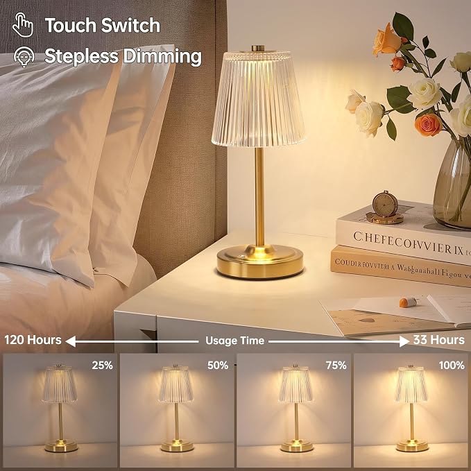 Shenmoyl Cordless Touch Table Lamp with 5200mAh Battery - 3 Adjustable Color Temperatures & Dimmable, Rechargeable Lamp for Bedroom, Living Room, Office, Entryway, Bookshelves (Transparent Stripe)
