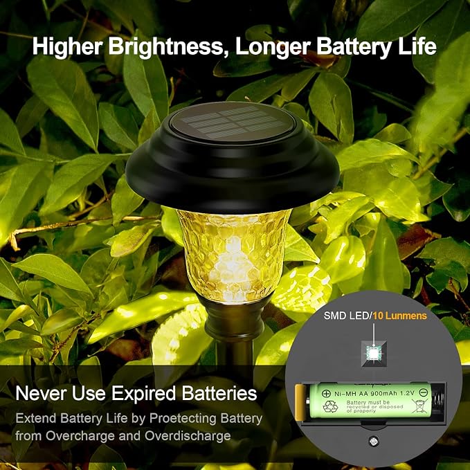Glass Solar Lights Outdoor waterproof, 2 Pack Super Bright Solar Pathway Lights, Up to 12 Hrs Long Last Auto On/Off Garden Lights Solar Powered, Stainless Steel LED Light For Yard Landscape Warm White