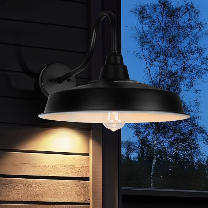 Solar Barn Light Outdoor, 16 Inch Dome Wall Light Solar Powered, Farmhouse Exterior Wall Sconce, Industrial Outside Lighting Fixture, Rustic Lantern for Garage, Barn, Shed, RZSR020W