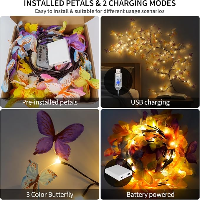 FNHMSL Butterfly Enchanted Willow Vine Lights, 4FT 48LED 3 Color Butterfly Blossom Tree Branch Lights for Wall with USB Battery Box, Remote Timer,8 Light Model, Bedroom Wall Doors Wedding, Christmas | 3 Color USB Butterfly Enchanted Willow Vine Lights ...