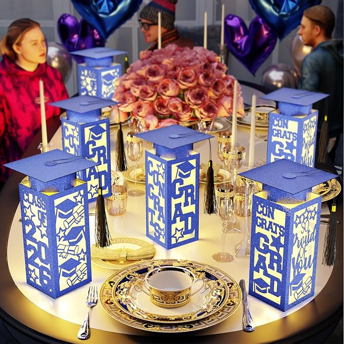 6 Pcs Graduation Table Centerpieces Boxes Class of 2026, Blue Graduation Paper Lanterns Boxes with String Lights Hollow Out for Congrats Grad School College Table Decorations Grad Party Photo Props