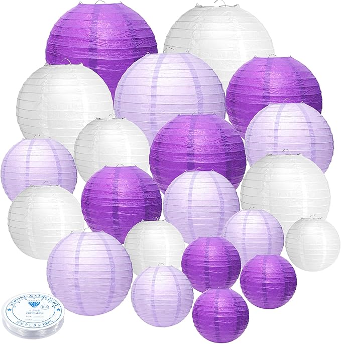 21 Pcs Purple Paper Lanterns Party Decorations, 4/6/8/10 Inch Round Chinese Hanging Paper Lanterns for Bachelorette Engagement, Wedding, Birthday, Graduation, Classroom Decorations