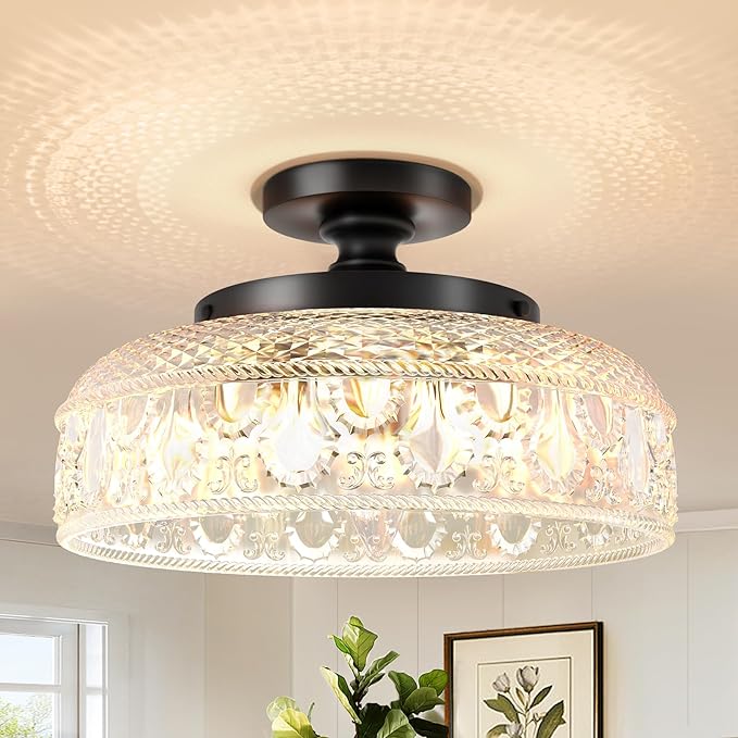Lamomo Semi Flush Mount Ceiling Light, Upgraded Larger Black Hallway Light Fixture, 3-Bulb Globe Glass Close to Ceiling Light, Indoor Hanging Light for Bedroom Kitchen Porch Hallway,Bulbs Not Included