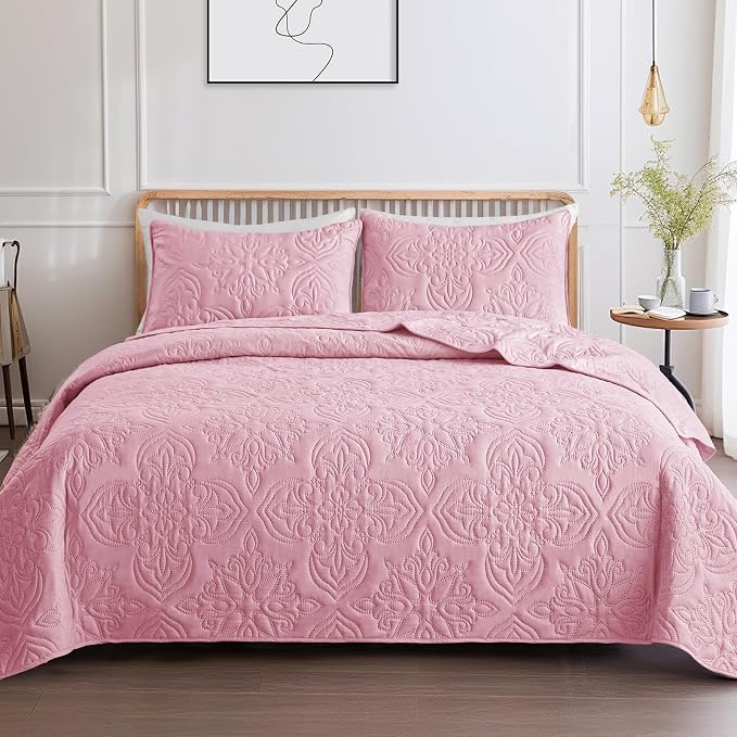 Whale Flotilla Cal King Quilt Set Vintage Damask Reversible Bedspread | Suitable for Bed, 3 Pieces Pink Lightweight Breathable Oversized Quilts, Ultrasonic Coverlet Bed Cover with 2 Pillow Shams