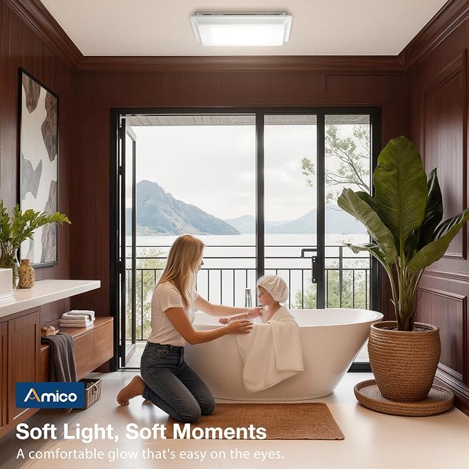 Amico Bathroom Exhaust Fan with Light, 110CFM, 1.0 Sones, 1000 LM, 5CCT | Easy Install, Ceiling Opening 9.4'' x 9.4'', Ceiling Mount Shower Bathroom Fan, Household Ventilation Fan, ETL & FCC