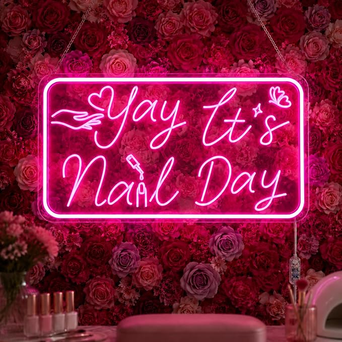 Pink Neon Sign, Yay It's Nail Day LED Neon Light Sign with Motion Sensor & 3-Key Dimmable Mode, USB Powered Neon Signs for Wall Decor, Nail Salon Decor, Nail Room Decor, Teen Girl Room Decor, Stylish Nail Tech Gifts for Women