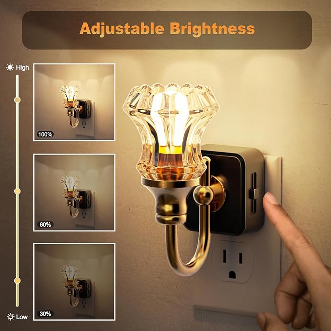JandCase Night Light, Night Lights Plug into Wall, Glass Floral Nightlight | 0-100LM Dimmable LED Flower Nightlights, Dusk to Dawn Sensor, 1W Vintage Nite Light for Bathroom Hallway Gift Vanity Decor