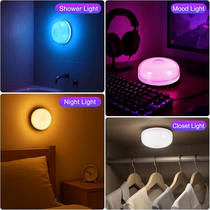 2-Pack Waterproof Shower Light No Wiring, Rechargeable Shower Lamp, White | 15 RGBW Color Mood Lighting with Remote Dimmable&Timer, LED Wireless Magnetic Ceiling/Wall Light for Bathroom Bathtub Closet