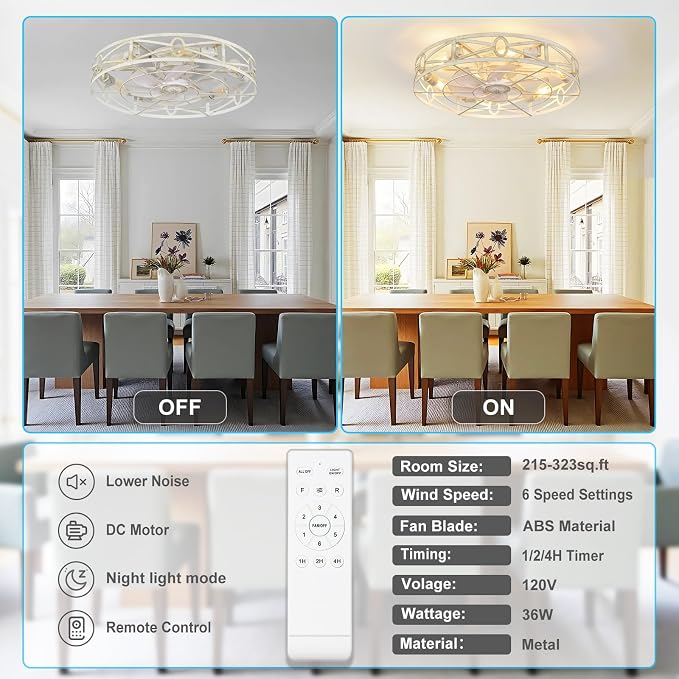 Depuley Flush Mount Ceiling Fan: 24" Caged Ceiling Fans with Remote Control for Patio Kitchen Bedroom - Low Profile Fandelier Lights Fixture Reversible 6 Speed Timer Cement 6*E26 Bulb Not Included