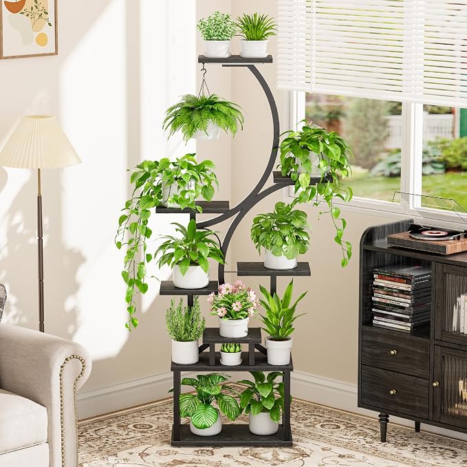 BACEKOLL Plant Stand Indoor with Grow Light, 8 Tier Corner Plant Shelf Tall | 62" Lighted Flower Holder for Plant Multiple, Space-Saving Beautiful Display Growing Rack for Home Patio, Sturdy Metal, Black