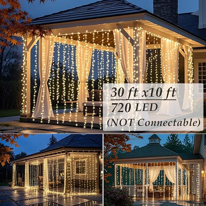 Solhice LED Curtain Lights Outdoor 30ft x10ft, 720 LED Plug in Hanging String Lights Indoor, Twinkle Light Backdrop for Outside Wedding Bedroom Décor, Warm White (Not Connectable)