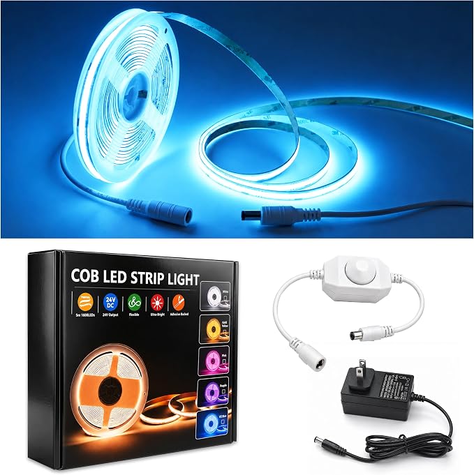 LED Strip Lights 24V COB, ICE Blue, Dimmable led Lighting16.4ft (Kit) | Dotless High Density, 7.2W/m, 8mm Width, Cuttable Flexible for Home DIY Commercial decoration projects