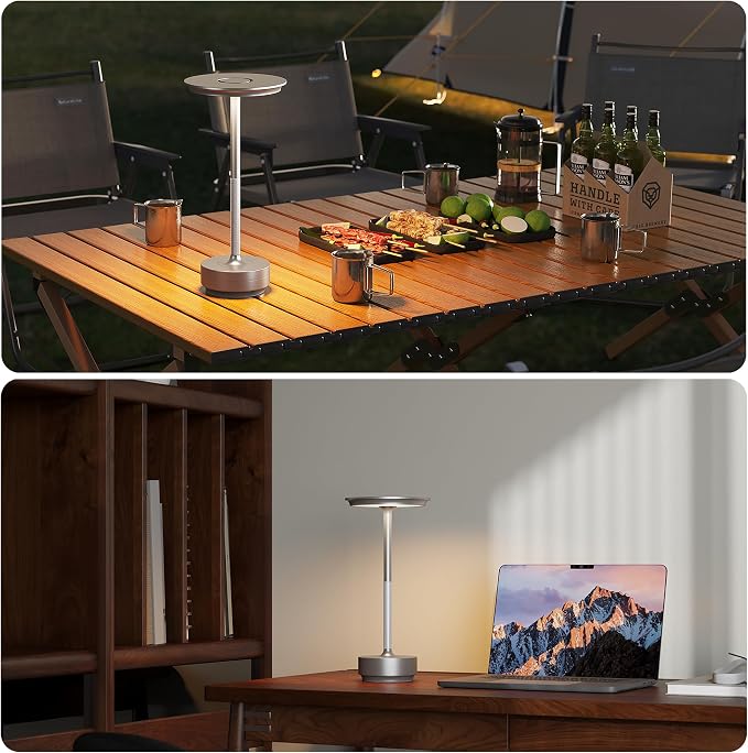 TBBGA 2 Pack Rechargeable Cordless Table Lamp, 5000mAh Battery Table Light | 3 Color Stepless Dimming Portable LED Table Light with Memory Function, for Outdoor/Dinner/Patio/Restaurant.(Silver)