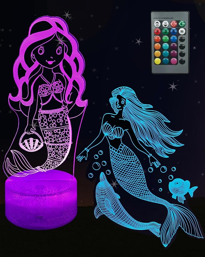 Mermaid 3D Illusion Night Light, 2 Patterns, Girl Gift LED Lamp | 16 Colors Changing, Dimmable, Touch & Remote Control, Room Bedroom Bedside Decor, Birthday Christmas Toy Idea for Kid Teen