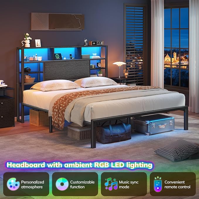 Homkdom Queen Bed Frame with Storage Headboard and Charging Station,Black | LED Lights，12.2" Under-Bed Storage，Supports up to 1100 LBS，No Box Spring Needed，Noise-Free,Easy Assembly