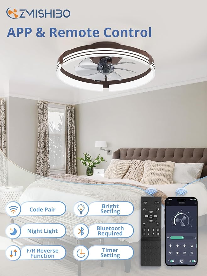 ZMISHIBO Low Profile Ceiling Fans with Lights and Remote, 20" Brown | 3000K-6000K Dimmable Fandelier LED, Flush Mount, 6 Wind Speeds, Reversible, Timer, Bedroom, Living Room, Kitchen, Kids Room