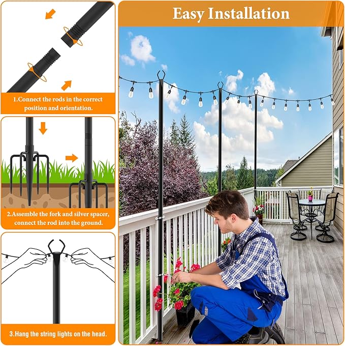 2 Pack String Light Poles,10 Ft Light Poles for Outside String Lights,Outdoor Lights Pole with Fork,Metal Poles Stand for Patio Deck Backyard (10FT 2 Pack)