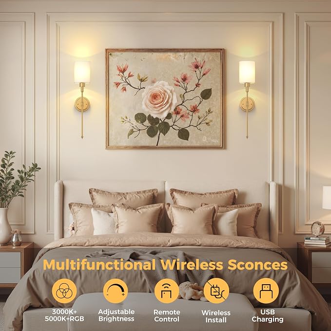 Battery Operated Wall Sconce: Set of 2 Wireless Wall Lights with 12000mAh | 15 Color Rechargeable Wall Sconces, Not Harwired Sconce Wall Decor Set of 2 for Bedroom, Living Room, Gold 24.3in