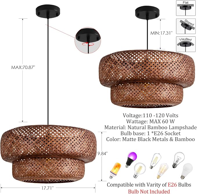 TeruTeru Ji Kaikang Bamboo Pendant Light,17.7" Brown Rattan Hanging Light | Boho Curry Bamboo Rattan Pendant Lights,Hand Woven Rattan Chandelier for Kitchen Island Dining Bedroom Living Room