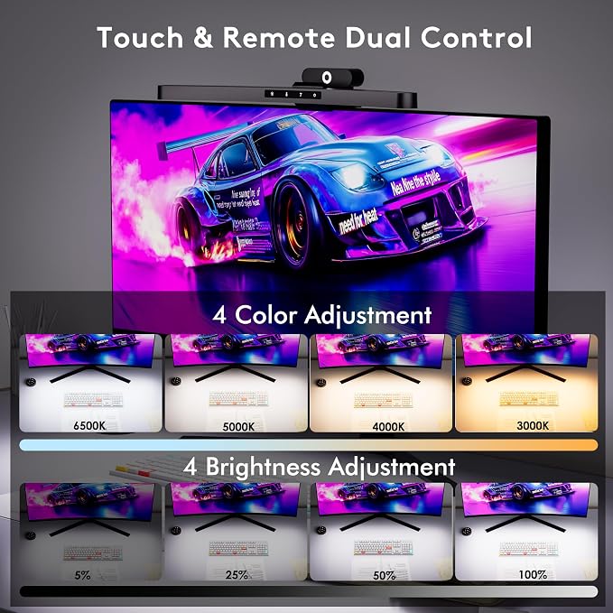 Quntis 17.7'' Curved Monitor Light Bar RGB Backlight with Music Sync, Black | Gaming & Home Office, Ra95 Eye-Care, 23 RGB Effects, Touch & Remote Control, 17–34" Curved & Flat Monitors, Webcam Compatible