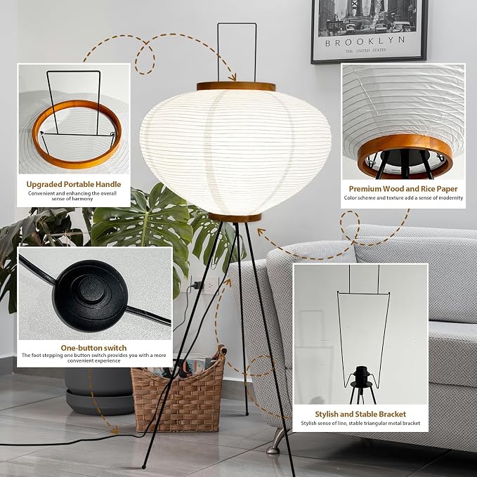 Rice Paper Floor Lamp, Japanese Paper Lantern for Wabi Sabi Decor | Noguchi Style Paper Lamp, Handcrafted Paper Lampshade, Metal Tripod Stand, E26 Base
