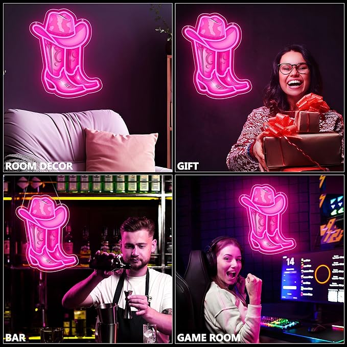 Pink Cowgirl Boot Neon Signs for Wall Decor, Led Cowboy Hat Light Up Sign, Dimmable Pink Neon Light for Girls Room Bedroom Teen Dorm Party Aesthetic Western Decor Gifts