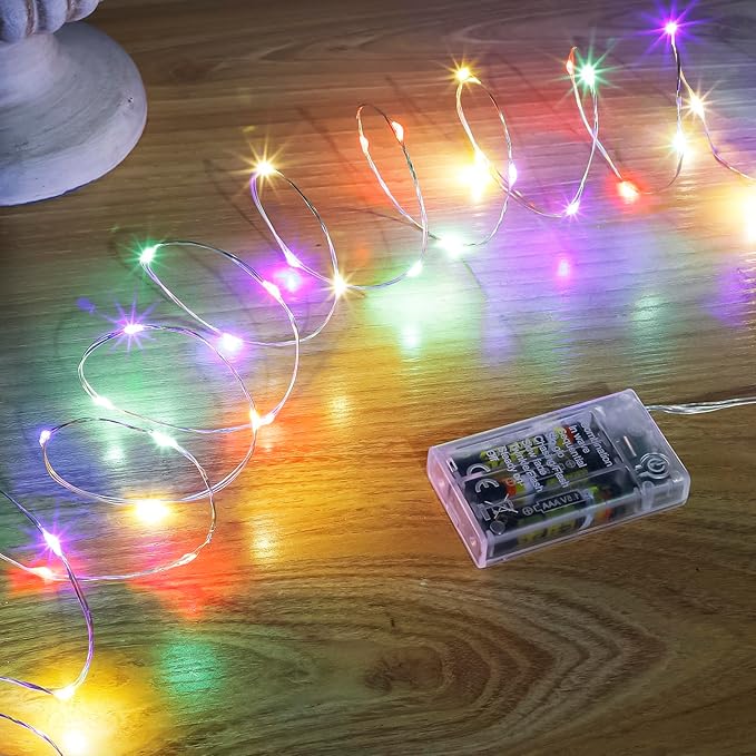 Multicolor Fairy Lights Battery Operated (Included), 8 Modes & Auto Timer, 16FT 50Led Mini Twinkle Silver Wire Firefly Starry Lights, Waterproof Battery Operated Lights for Mason Jars Wedding