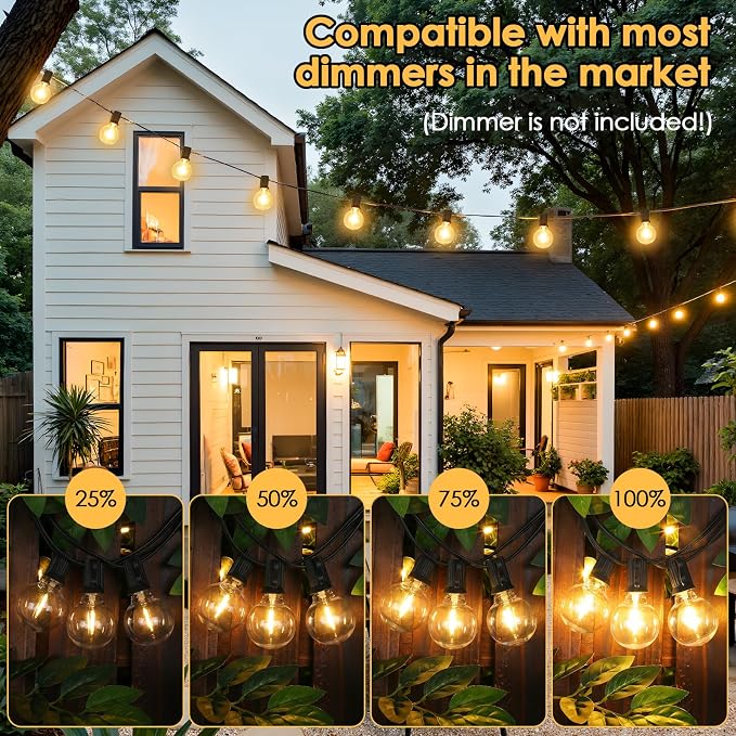 2 Pack 25FT G40 LED Outdoor String Lights with 10+1 Bulbs, Black | Waterproof, Shatterproof, Dimmable, Connectable, Energy-saving, Patio Lights Porch Balcony Backyard Party Classroom Decor