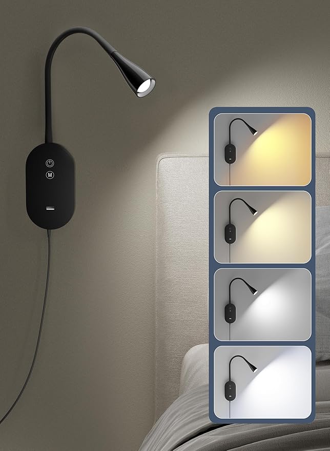 Wall Reading Light for Bed – 4 Color Modes, 5‑Level Dimmable Reading Lamp, CRI 95+ Natural Sunlight, USB Output Charge & Auto Memory Black