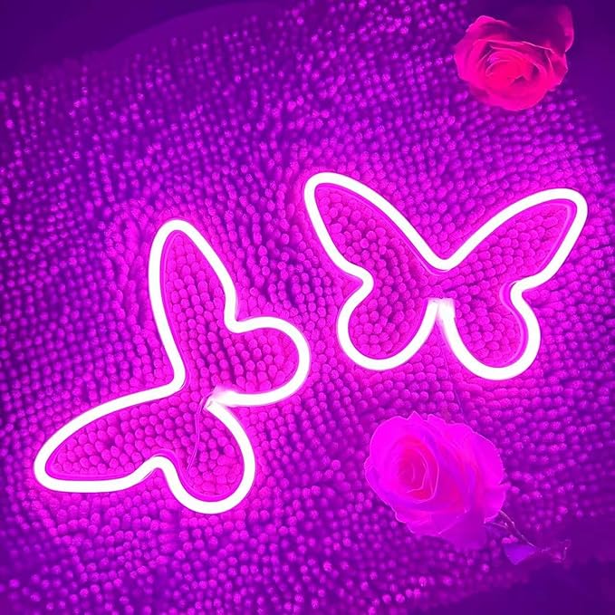 Butterfly LED Neon Signs 2pcs Pink Butterfly Neon Sign, USB or Battery Operated Butterfly Art Light , Suitable for Wall Decoration, Table Decoration, Girls Bedroom, Home Wedding, Birthday Party