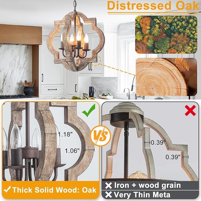 16" Farmhouse Chandelier Orb Distressed Wood Oak Dining Room Light Fixture | Rustic Country Style, Rust-Brown Finish, 4-Light Hanging Pendant Light For Foyer Entryway Kitchen Island Bedroom Over Table