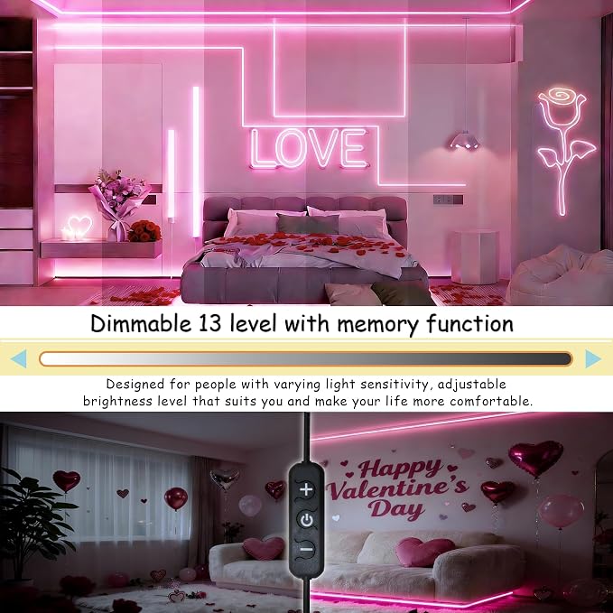 Pink Led Lights Strip Valentines Galentines Day Decor Rope Lights Easy DIY Princess Bedroom Cuttable Strip Lights for Baby Room Bathroom Living Room Kitchen Ceiling Wall Vanity Mirror Decoration