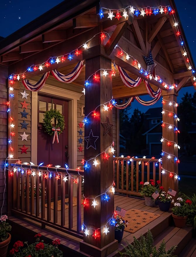 35 Red White and Blue Star Lights, 13.6Ft 4th of July String Lights | Plug in, Connectable, UL Certified, Five Star LED Bulbs, Home Decorations for Independence Day Patriotic Party, White Wire