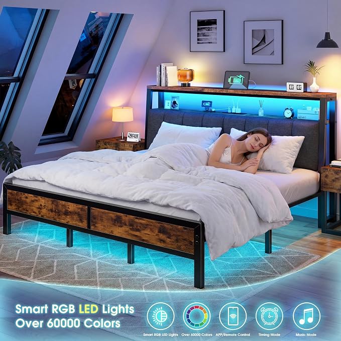 Homkdom King Bed Frame with Storage Headboard & Charging Station | Upholstered Linen, 2-Tier Shelf, 2 AC Outlets, Type-C,RGB LED Remote, 12in Underbed Clearance, 1100 lbs, No Box Spring, Brown