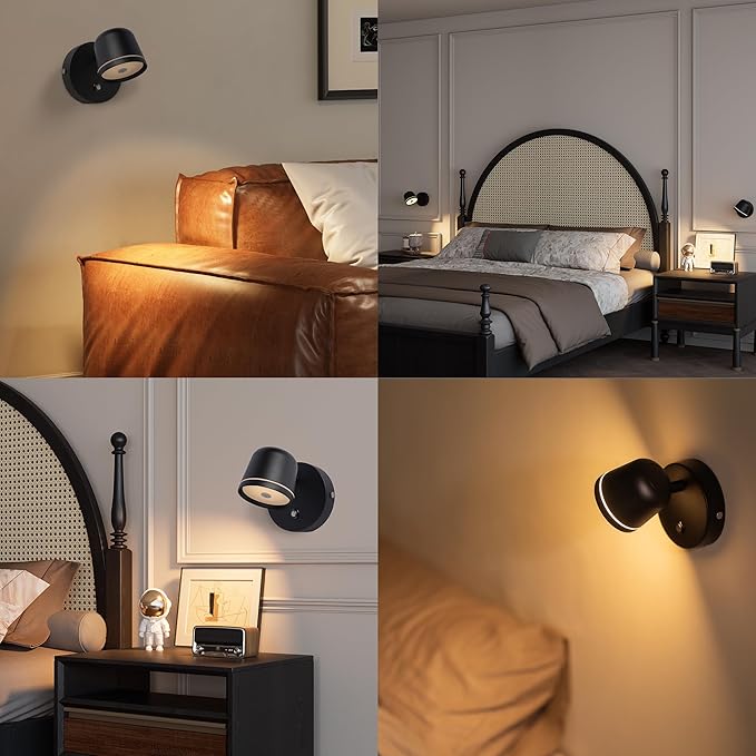 Aisilan Wall Sconce, Hardwired Touch Dimmable Wall Light with 3 Color Temperatures, Adjustable 7W LED Wall Lamp CRI97, Modern Black Aluminum Sconce for Bedroom Bedside Hallway