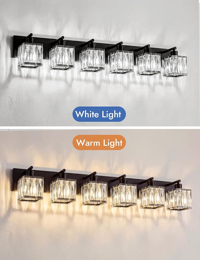 VOLISUN Black Bathroom Light Fixtures, Modern Bathroom Lighting Fixtures Over Mirror, 6 Light Bathrooms Vanity Light, Crystal Vanity Light for Bathrooms-UL Certificated(Exclude Bulb)