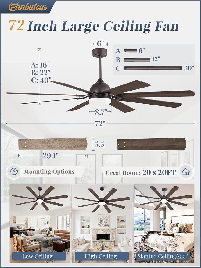 Fanbulous 72 Inch Outdoor Ceiling Fans with Lights,Oil Bronze | Modern,6 Speeds,3CCT,Timer,Remote Control,Quiet Reversible DC motor,Large,8 Double-sided Blades,Easy Installation