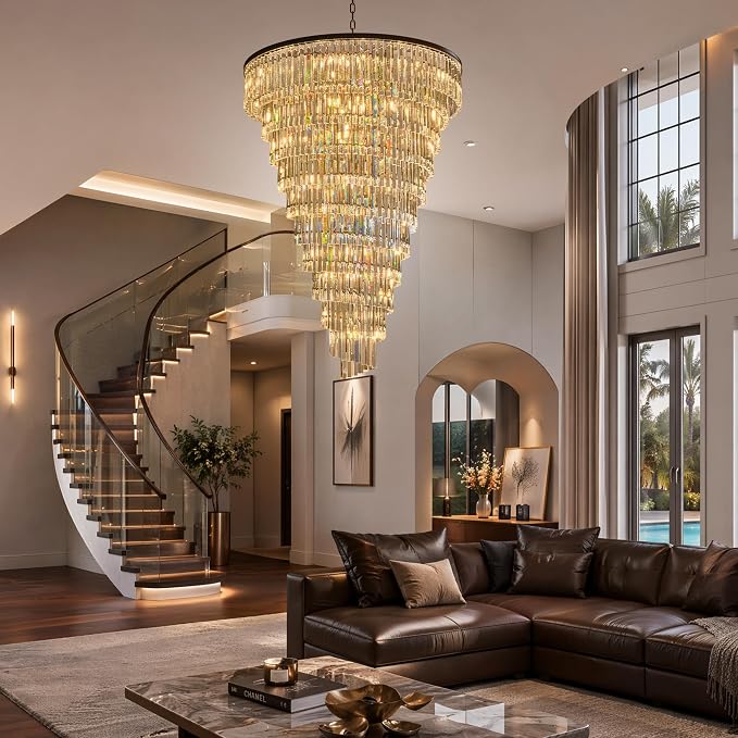 48 Lights Spiral Crystal Chandelier Black Modern Light Fixture Large Chandelier, 48'' W High Ceiling Foyer Ceiling Hanging Pendant, Entryway, Dining Room, E12 LED Bulbs, Black