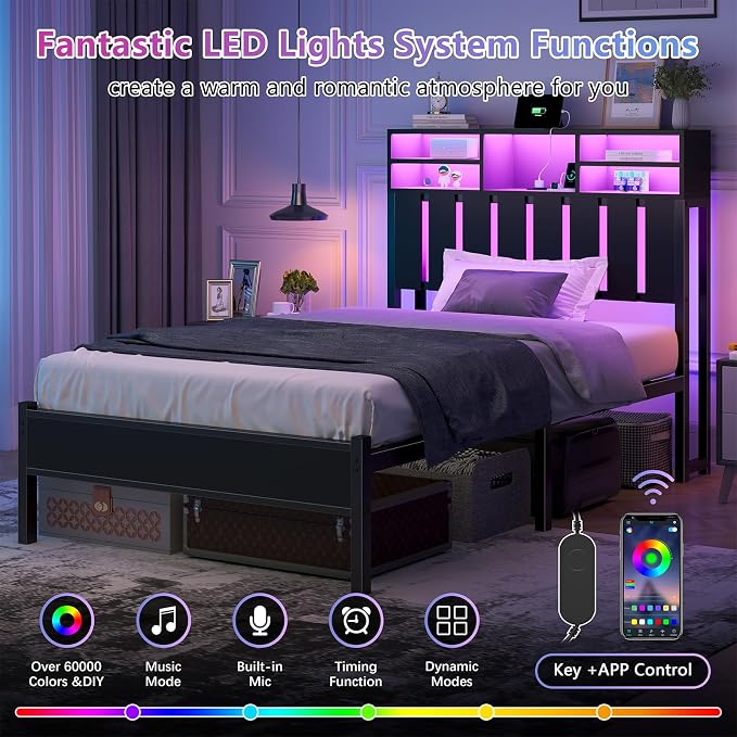 CSZZD Twin Size Bed Frame with Storage Headboard and LED Lights | Twin Bed with Charging Station & Storage Shelves, Black Metal Platform Bed with Under-Bed Storage, No Box Spring Needed