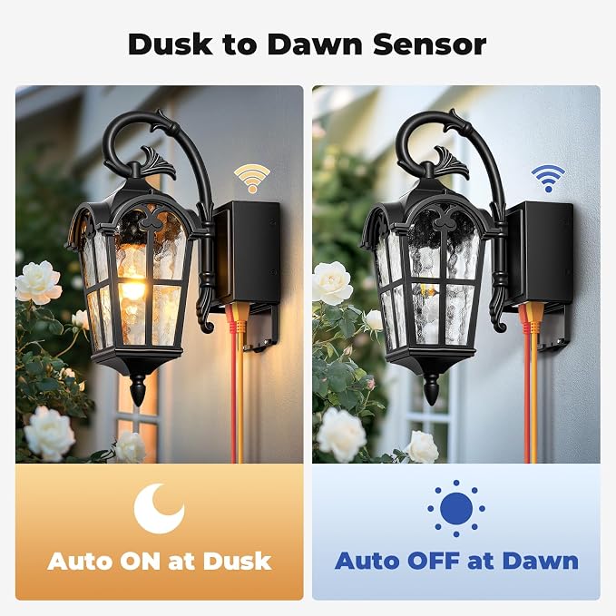 Outdoor Porch Light with GFCI Outlet, Black Roman Dusk to Dawn Porch Light Wall Mount, Aluminum Exterior Wall Sconce with Water Ripple Glass, Waterproof Outside Sconce Lights for House