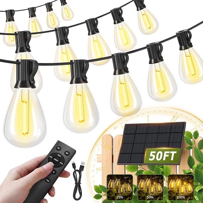 50FT Solar String Lights Outdoor, 18+1LED Shatterproof Bulbs with Remote & USB Port, Waterproof 3 Modes Dimmable Solar Lights for Backyard, Patio, Camping