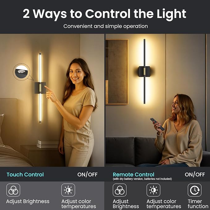 10000mAh Battery Operated Wall Sconces Set of 2, Black Gold, 29 Inch, 3CCT | Renter Friendly, Rechargeable Wall Lights, Remote Control, 360° Rotate, Dimmable, LED Cordless Lights for Bedroom Living Room
