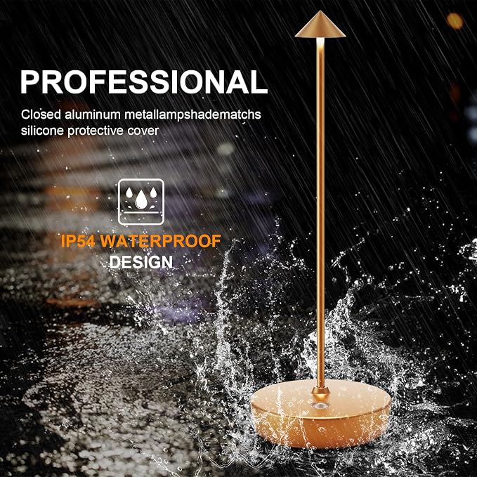 2Pack Rechargeable Cordless Table Lamp, Portable Powered LED Battery 6000mAh Metal USB Desk Lamp, 3 Levels Brightness Light for Restaurants Outdoor (2pack Gold)
