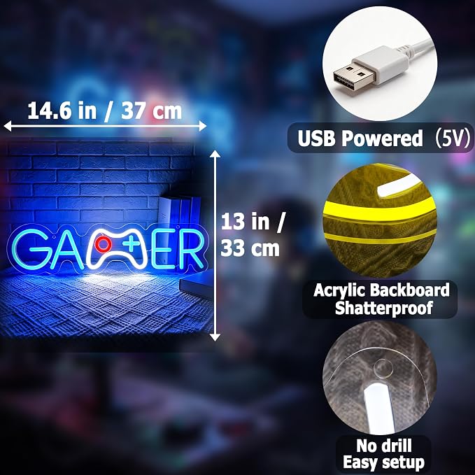 Gamer Neon Lights Signs Neon Sign Led Sign Light for Wall Decor | Gamer Neon Sign for Room Decor,Man Cave Decoration,Dormroom,Game Room Wall Decor,Gift,5V USB Powered