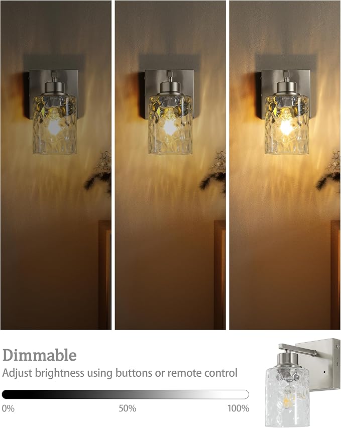 Hammered Glass Wireless Battery Operated Wall Sconces Set of Two Nickel | Dimmable Rechargeable Wall Lights with Remote Timer, Easy Install Lamp for Living Room Bedroom, Emergency 3000K