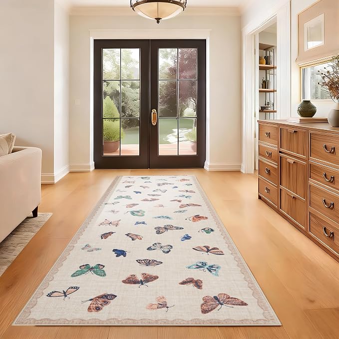 GarveeHome Butterfly Area Rug 2x6, No Slip Washable Rug, Modern Bedroom Rug Under Bed Ultra Carpet, Low-Profile Rugs for Living Room Bedroom Dining Room, Apricot