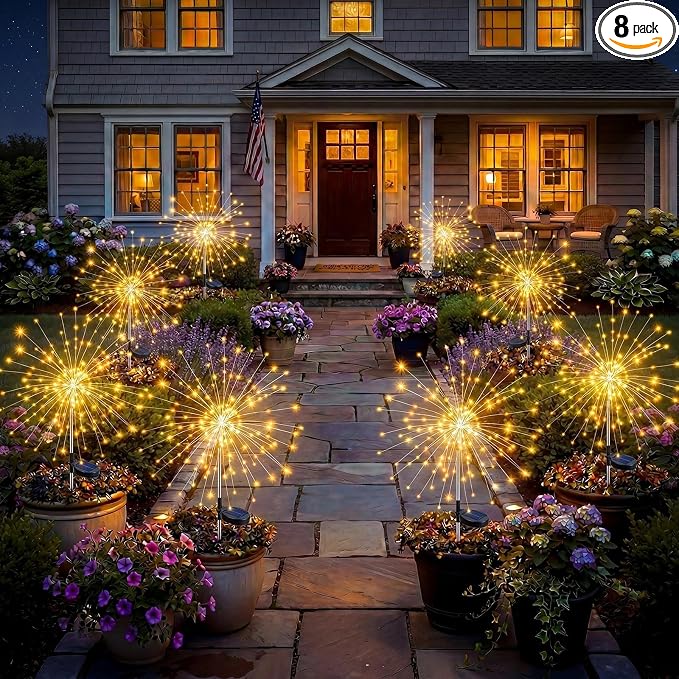 Solar Firework Lights, 8 Pack 120 LEDs 8 Lighting Modes Solar Fairy Garden Lights Outdoor Waterproof for Yard Patio Walkway Pathway Party Wedding Balcony Decorative- Warm White