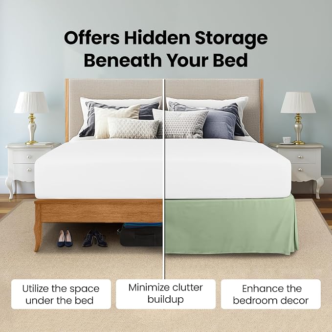 King Bed Skirt, Hides Under-Bed Storage 16 Inch Drop, Pleated, Sage | Easy Fit Design, Shrinkage & Fade Resistant, Hotel Style, Microfiber Durable Fabric, Machine Washable