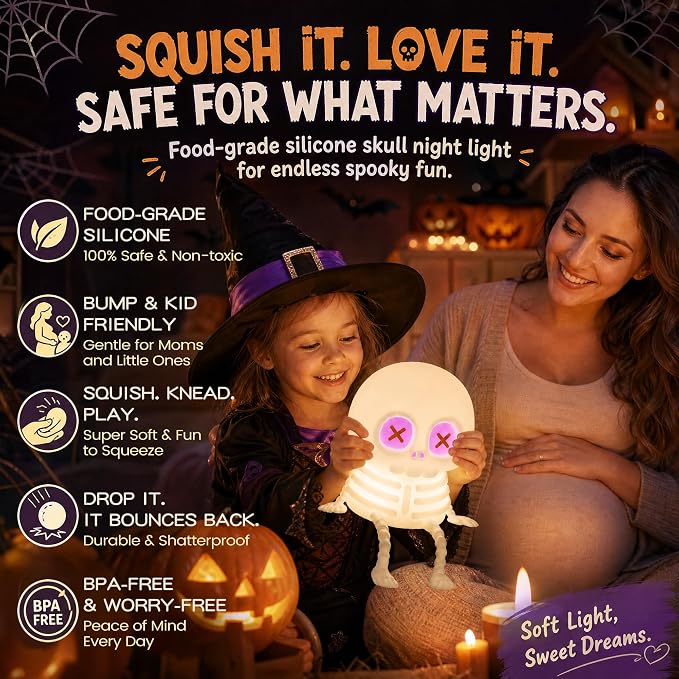 FAMIDUO Skull Night Light, Halloween Decor Gift,8 Colors Kids Skeleton Lamp | Silicone Squishy Safe Toy,Rechargeable Dimmable Touch Bedside Lamp for Nursery,Cool Cute Gothic Decor,Office College Bedroom
