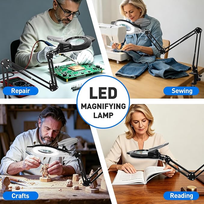 KIRKAS 12X LED Magnifying Lamp with Clamp, 2,200 Lumens Dimmable Bright | 35in Adjust Swivel Arm Magnifying Glass with Light for Repair Reading Craft Needlework Hobby Workbench Magnifier Dust Cover